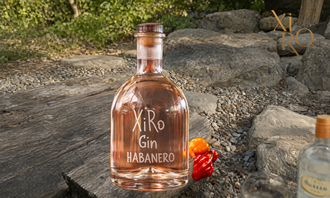 XiRo Gin Habanero flaša pored sastojaka za koktele: limun, tonik, led, sveže habanero paprike
