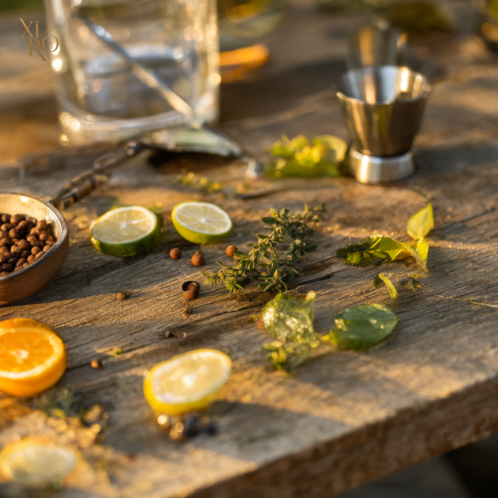 Čaša koktela sa XiRo Gin Pimento Jamaica, kokosovom vodom i ukrasom od narezanog voća